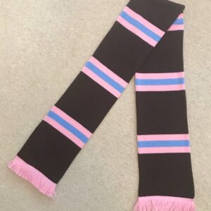 Retro style bar scarf. Brown with Pink and Pale Blue stripes.